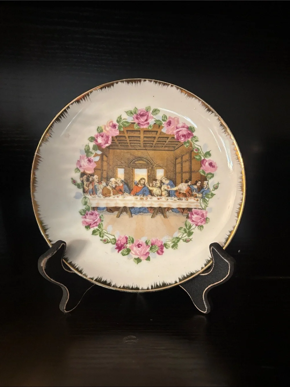 Decorative White Plate with Pink Rose Garland and Religious Last Supper Scene